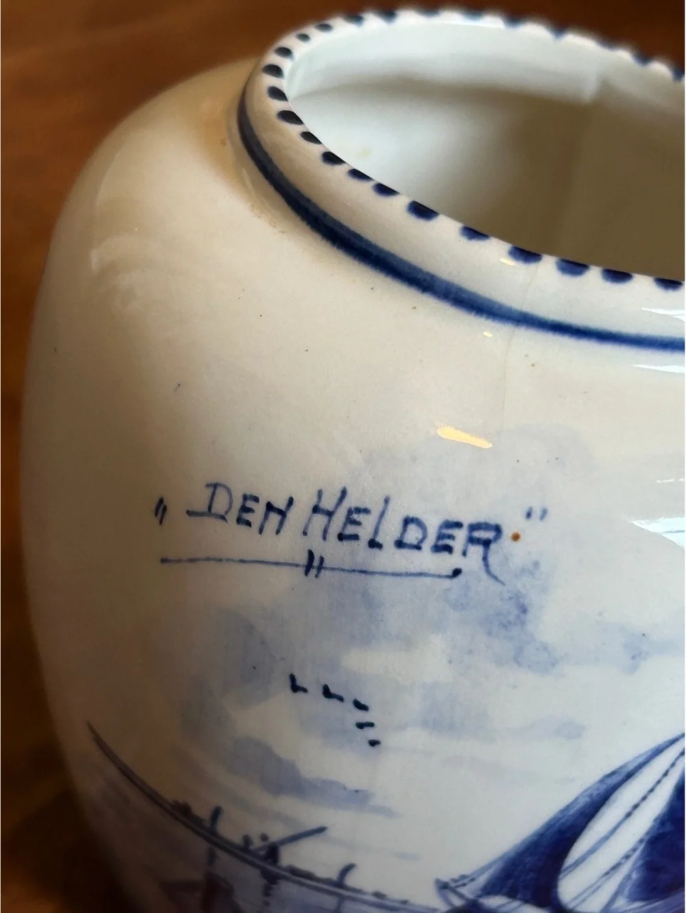 Vintage Delft Blue Ceramic Vase with Sailing Ship and Floral Design
